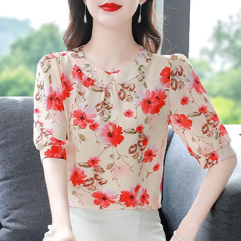 Elegant O-Neck Printed Folds Floral Puff Sleeve Blouses Women's Clothing 2024 Summer New Loose Office Lady Tops All-match Shirts