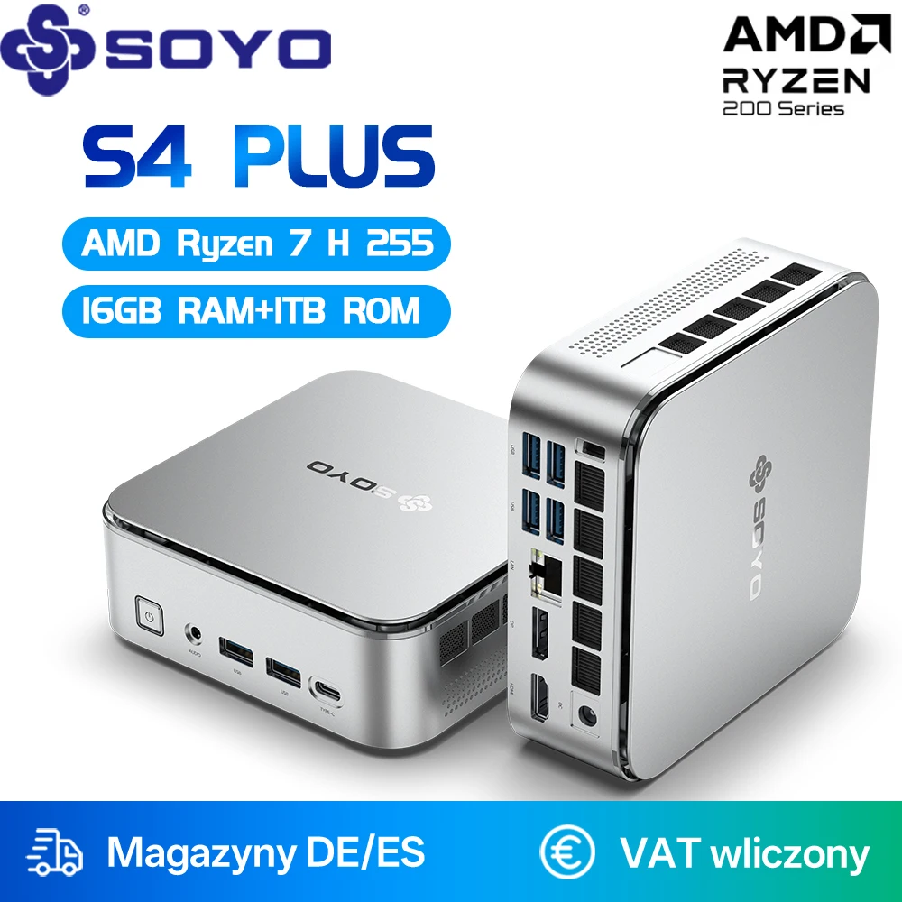 SOYO Mini PC Gaming Computer S4 Plus, AMD Ryzen 7 H255 CPU 16G DDR5 5600MHz up to 64GB 1TB SSD PCIE3.0 NVME WiFi6 BT5.2 4K@120Hz