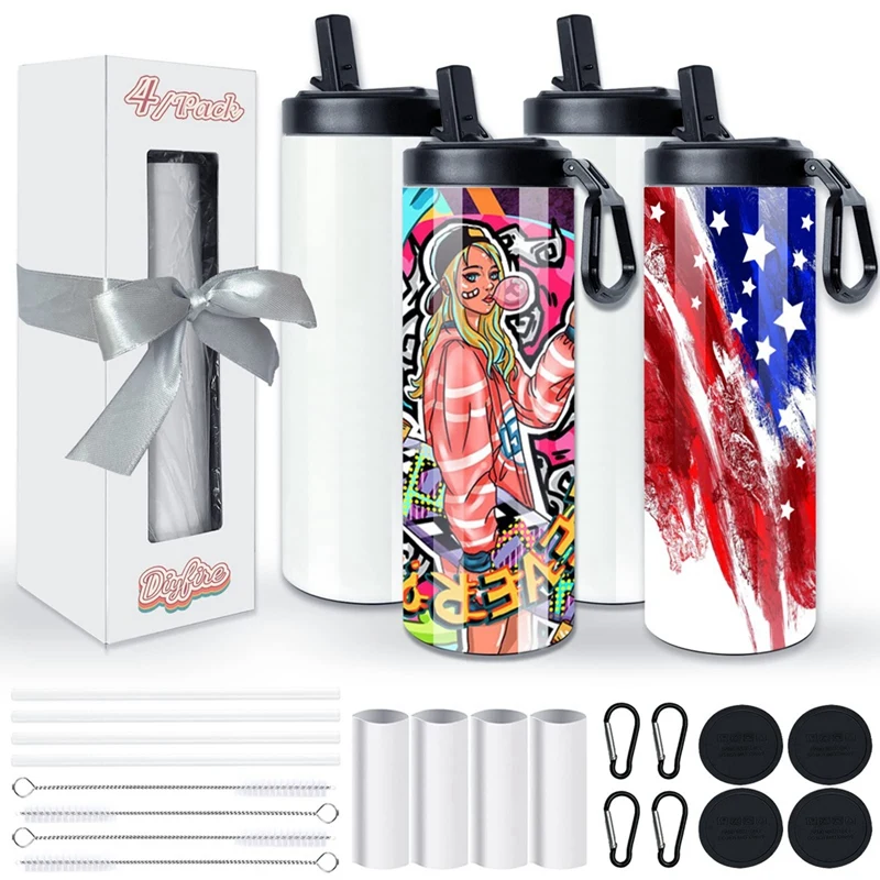 

1Set 20 OZ Skinny Sports Straight Kids Water Bottle Travel Mug Stainless Steel With Sippy Up Lid, For Tumbler Heat Press