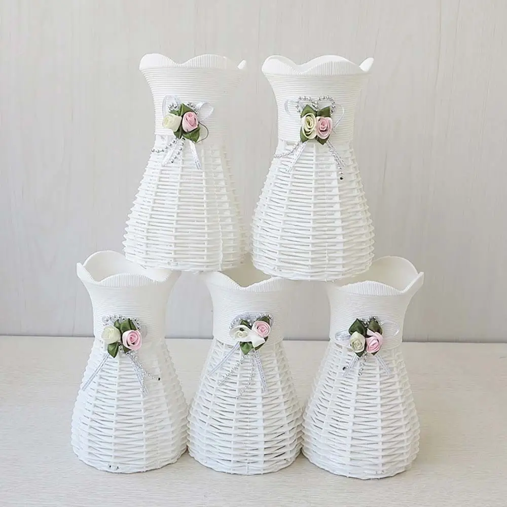 White Rattan-Style Decorative Flower Pot and Tray