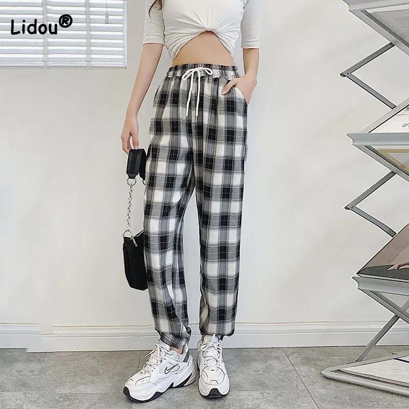 Fashion Color Blocking Plaid Print Jogger Pants Spring Autumn Bandage Pockets Higt Waist Loose Harem Nine Points Trousers Female