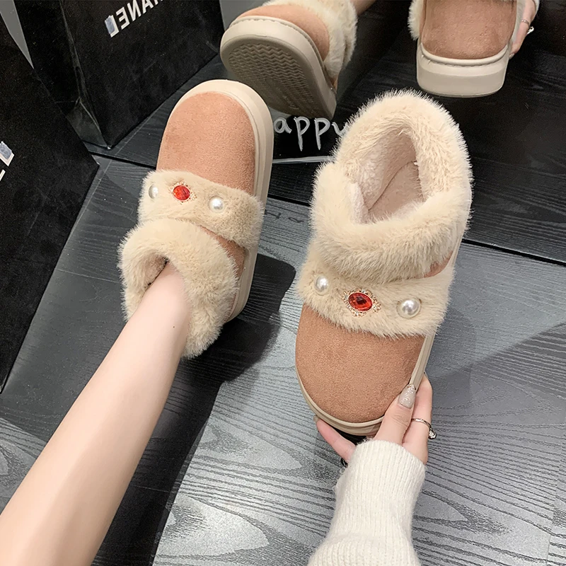 Furry Women Shoes 2023 New Diamond Design Women's Boots Winter Plush Warm Snow Boots Non-slip Thick Bottom Ladies Cotton Shoes