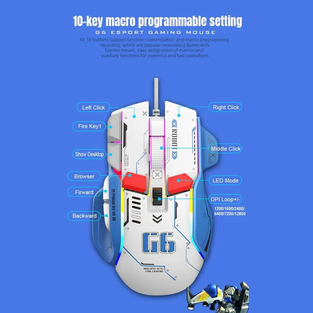 G6 sterowana przewodowo mysz do gier RGB programowalna mysz do gier 12800 DPI do akcesoria do laptopa komputerowego