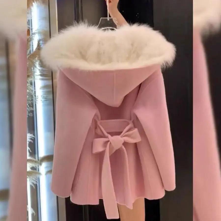 

2023 New Imitation Fox Fur Collar Womens Fashion Coat Outwear Wool Blends Jacket High Quality Winter Best Selling Styles Y2k
