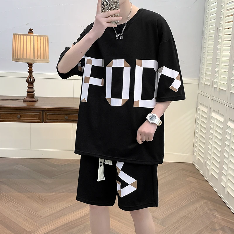 Summer Men's Crew Neck Pullover Letter Printed Short Sleeve Elastic High Waisted Bandage Pockets Casual Sports Office Lady Set