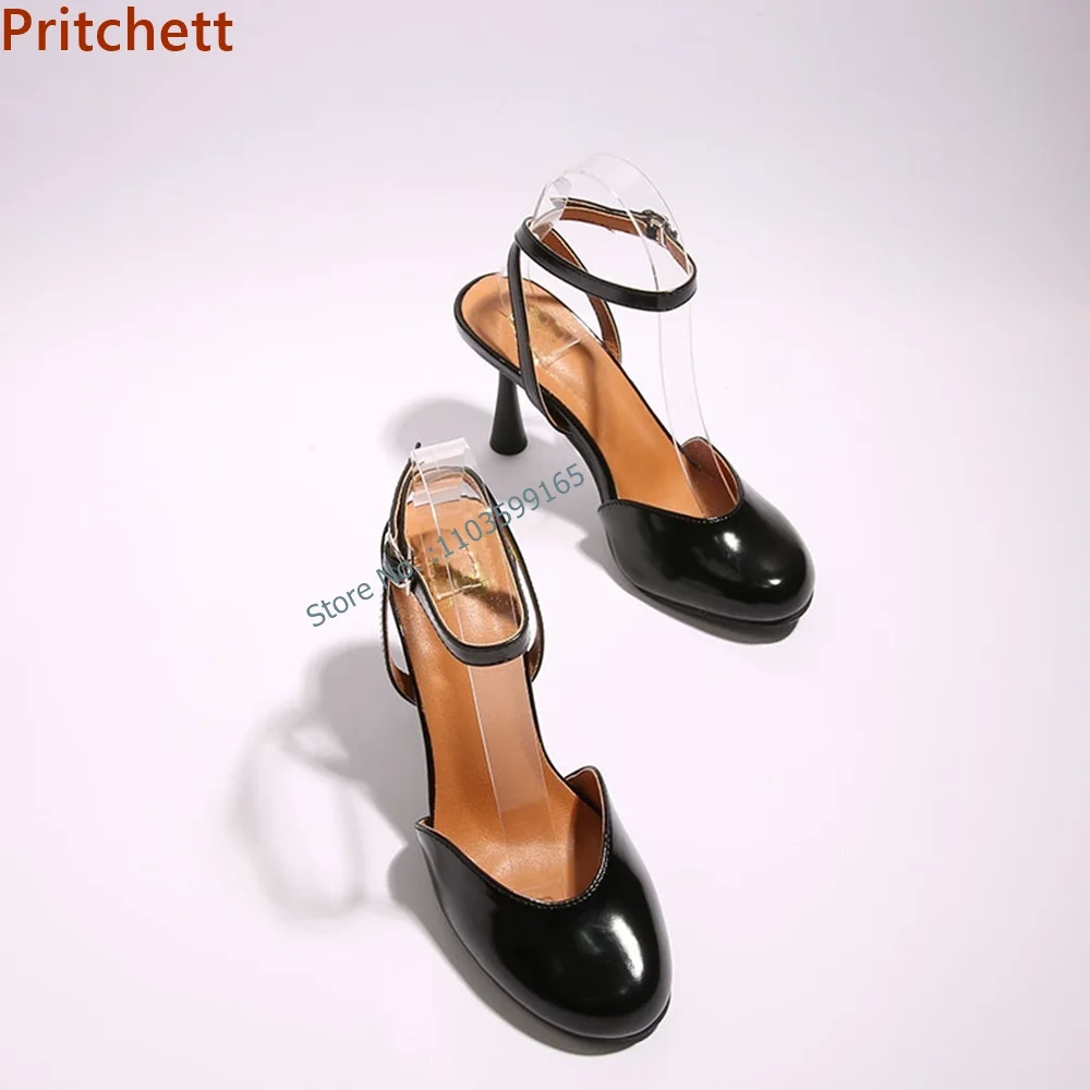 

Solid Shallow Ankle Band Bumps Thin Heel Round Toe Black Patent Leather Buckle Strap Shoes Summer French Style Stiletto Shoes