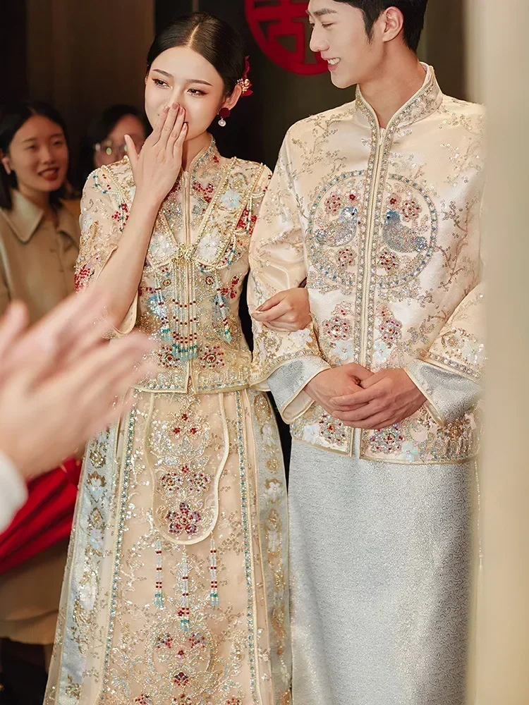 Traditional Clothing Women Xiuhe Bride Wedding Dress Chinese Top Toast Set Female Groom Tang Suit