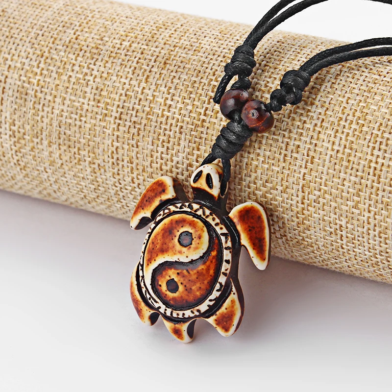 12pcs/lot Tai Chi Pattern Sea Turtle Pendant Necklace Ethnic Tribal Faux Yak Bone Carving Necklaces Vintage Jewelry Wholesale
