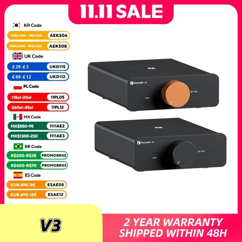 Fosi Audio V3ステレオパワーアンプ 300W×2 TPA3255 クラスDミニアンプ