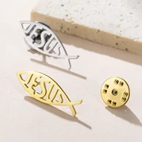Teamer Jesus Fish Pin Brooch Stainless Steel For Women Man Christian Symbols Vintage Trendy Amulet Jewelry Vintage Accessory