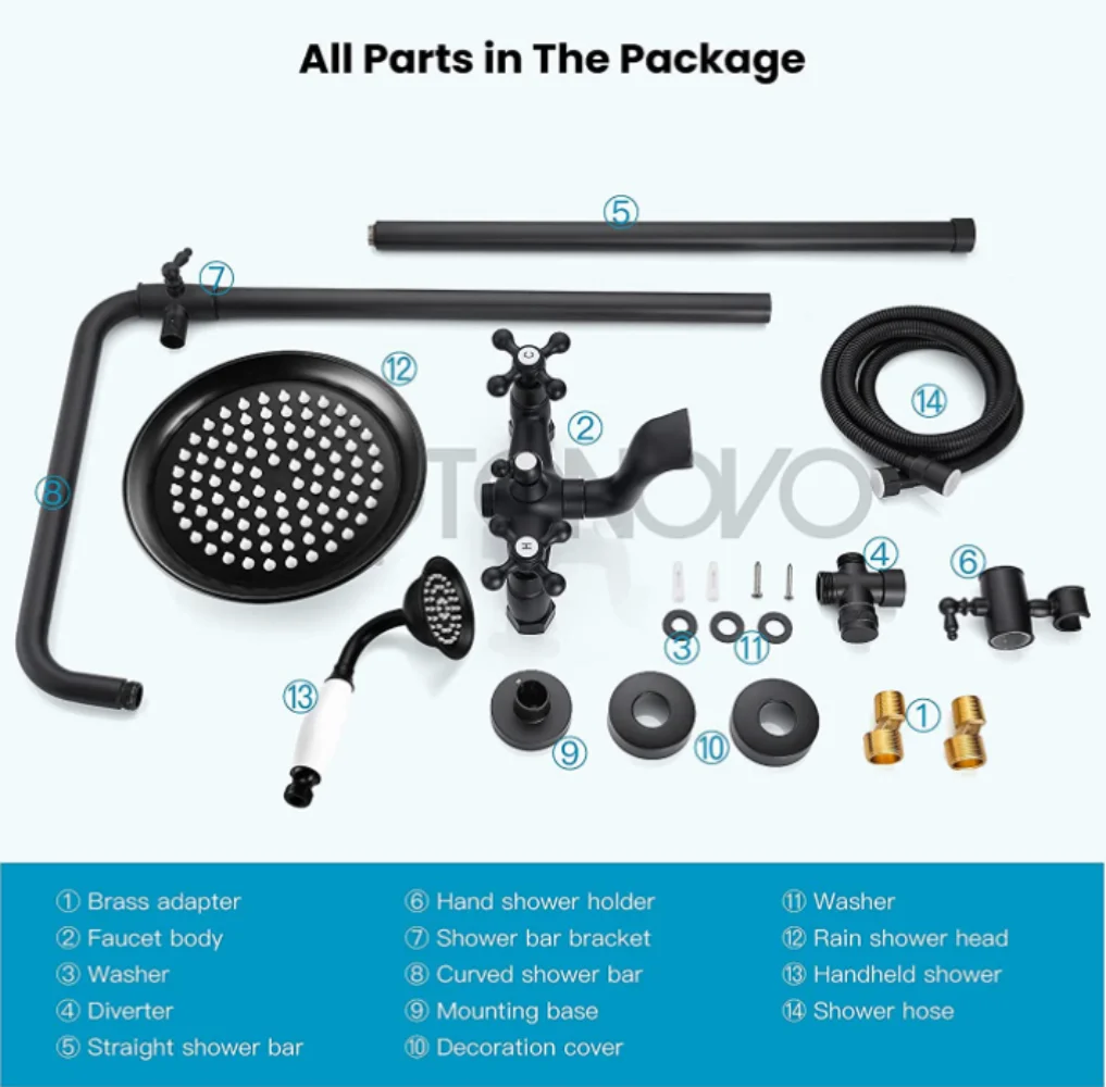 Matte Black Shower Faucet 8 Inch Rainfall Shower Head Set with Tub Spout Bathroom System Wall Mount