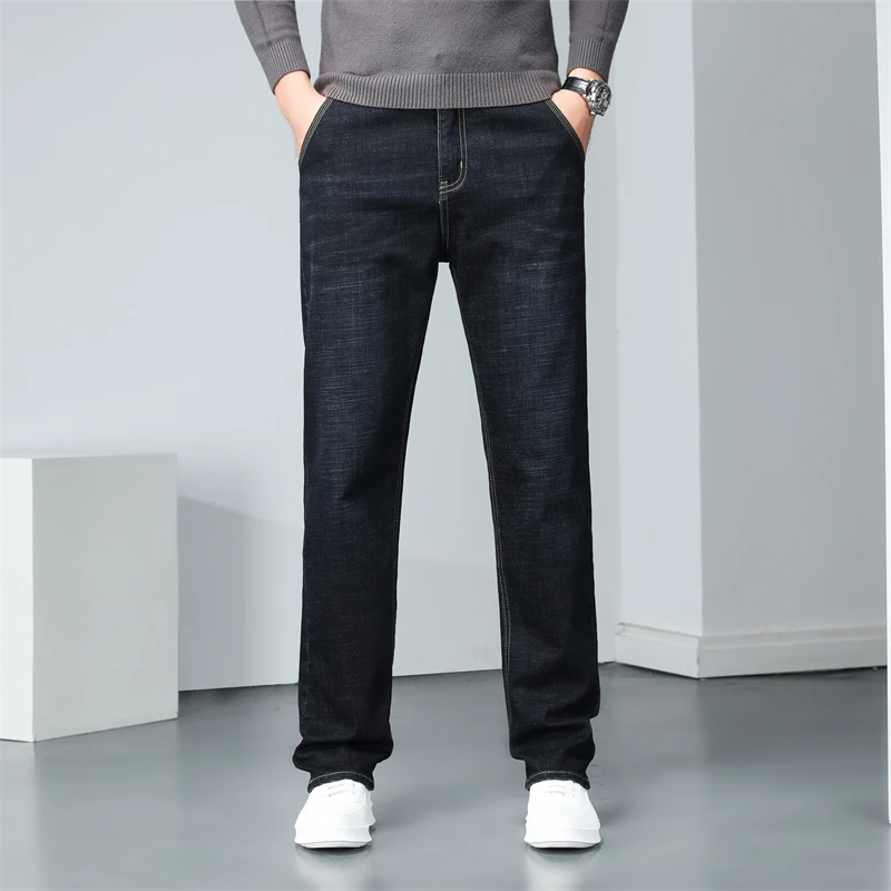 남성용 클래식 스타일 중간 무게 비즈니스 스트레치 레귤러 핏 청바지, 가을 블루 데님 바지, 남성 브랜드 바지