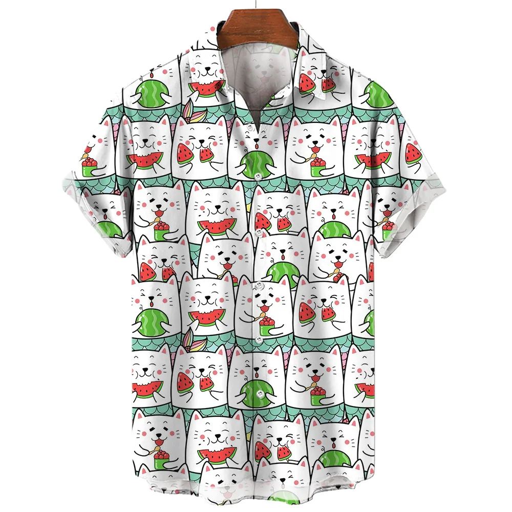 thumbnail image 1 of Camisetas de solapa con dibujos animados de gato para mujer, estilo callejero Y2k, con estampado 3D, manga corta y botón, ropa para mujer, camiseta superior, 1 of 5