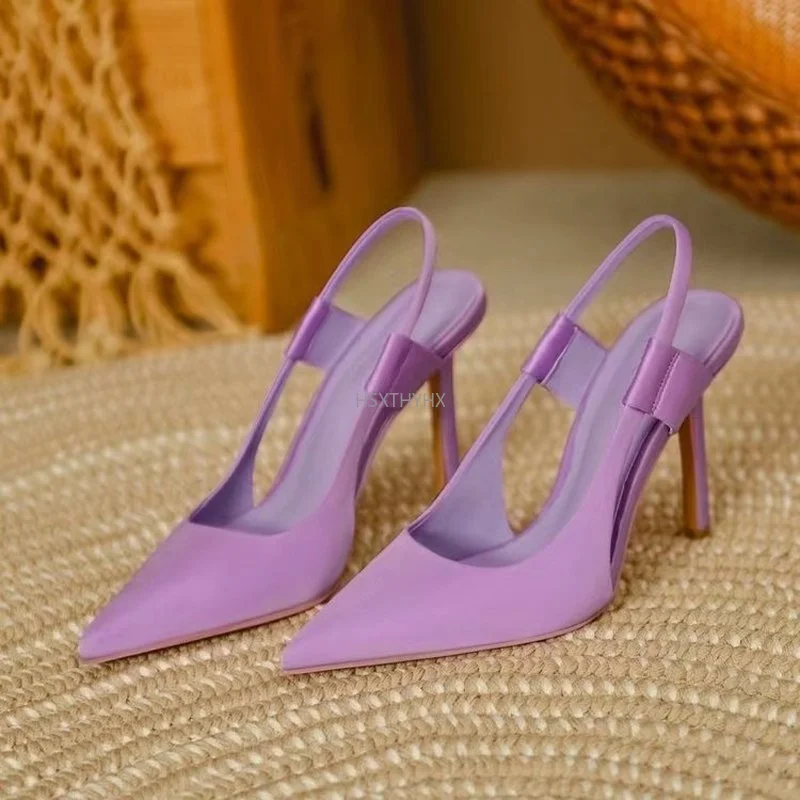 

2022 New Spring Summer Elegant High Heel Muller Shoes For Women French Style Purple Sandals Women's Shoes Pointed Toe Pumps