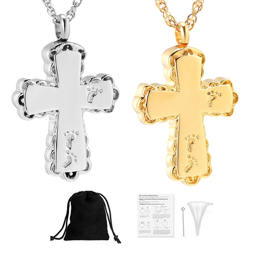 

Footprint Cross Cremation Pendant Small Urn for Human/Pet Ashes Stainless Steel Keepsake Urns Necklace Memorial Jewelry