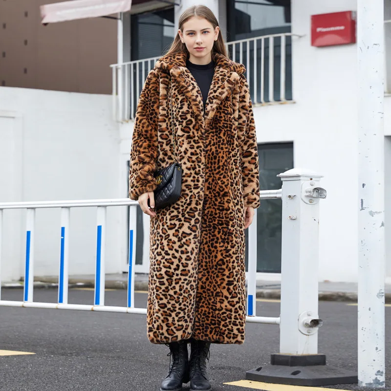 M-5XL Winter Warm Open Stitch Loose Turn-down Neck Plush Cloak Women Faux Fur Leopard Cardigan Ladies Thick Overlength Coat