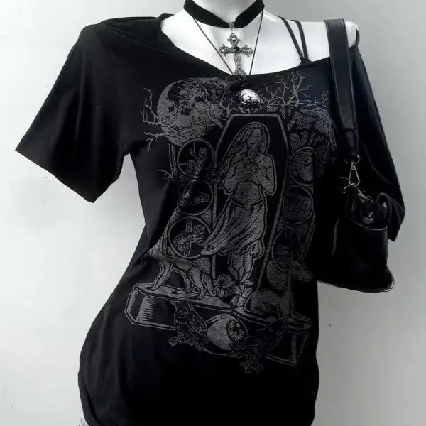 ตัวเลือกสินค้า เสื้อยืดวินเทจผู้หญิง ลายกราฟิก แขนยาว แนว Punk Gothic