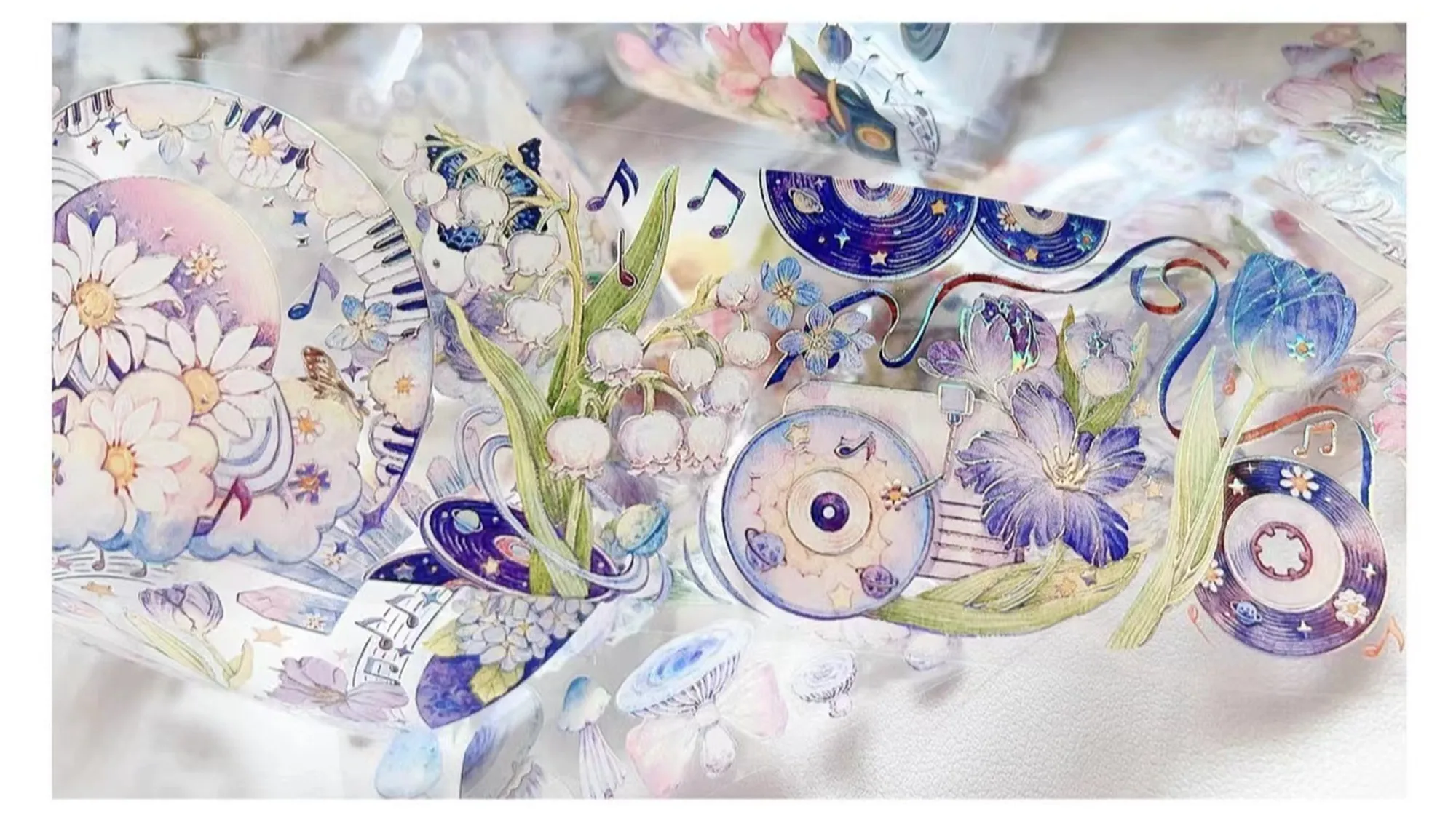 

Vintage Moonlight Shadow Tulip Daisy Butterfly Floral Washi PET Tape for Card Making Decoration DIY Scrapbooking Plan Stickers