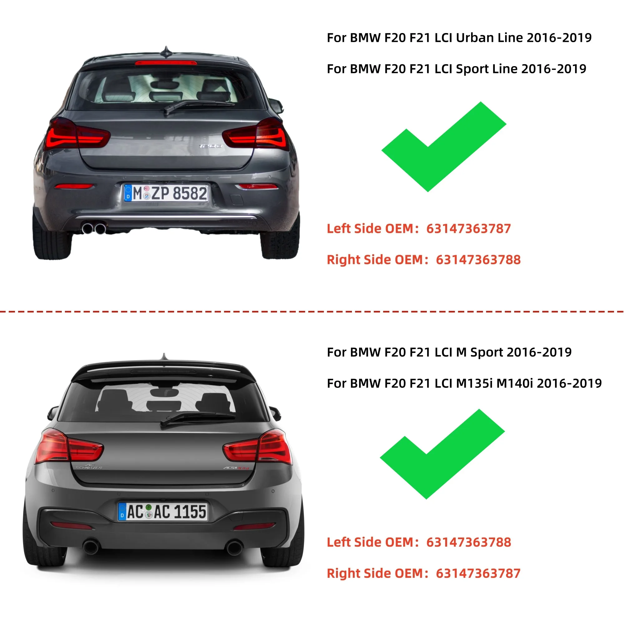 Gloss Black Rear Bumper Reflector Insert Set Honeycomb For BMW 1