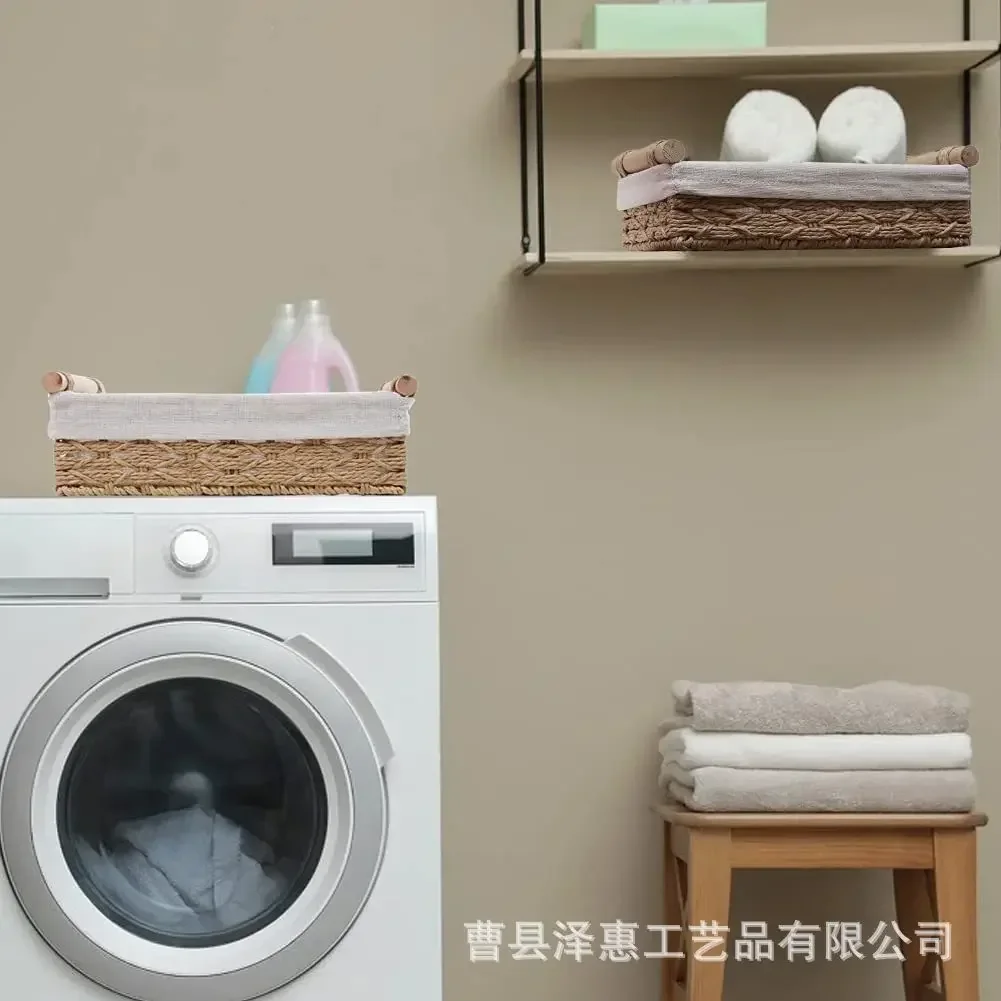 1pc Bathroom and Kitchen Storage Basket - Small Wicker Organizer for Countertops - Round Paper Rope 5