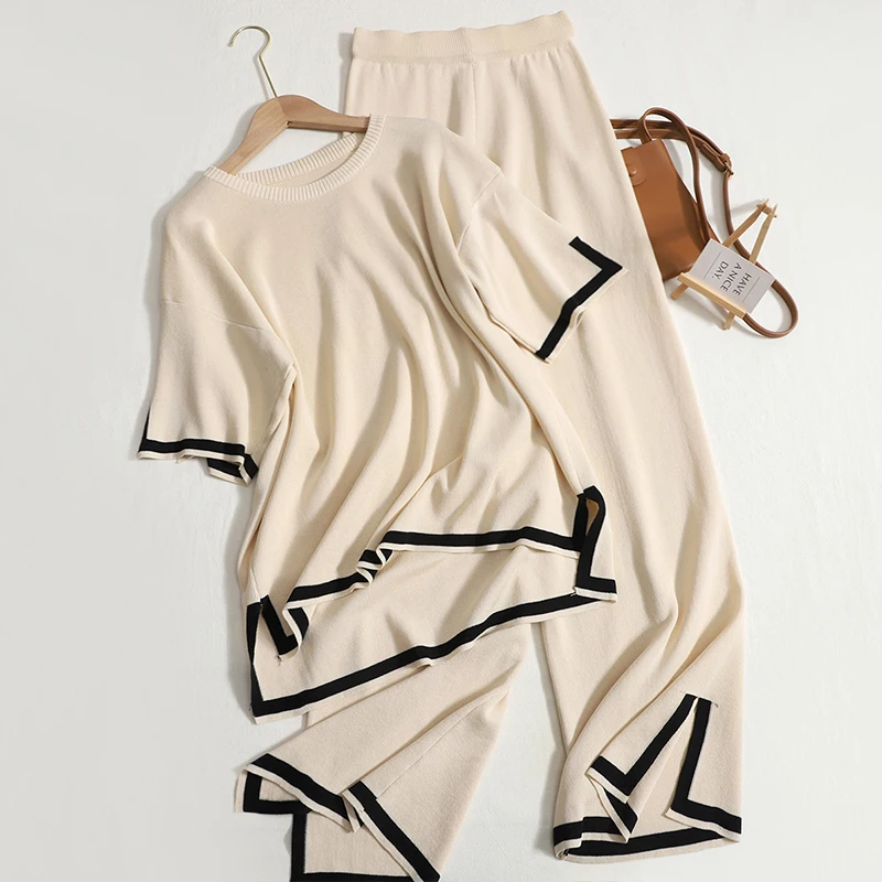 Elegant O-neck Side Slit Pullover Short Sleeve Wide Leg Pants 2-pieces New In Sets Women Solid Casual Sweatshirt Spring Summer 5