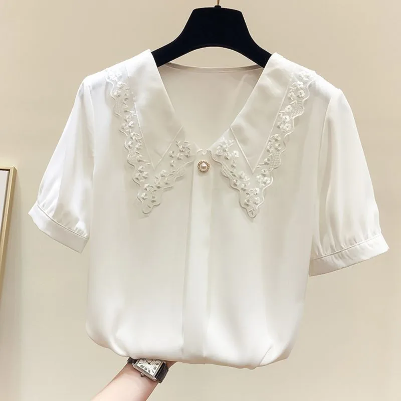 Chiffon Shirt for Women's 2024 Summer New Korean Version High-end Loose and Slimming Doll Collar Sweet Little Shirt Trend