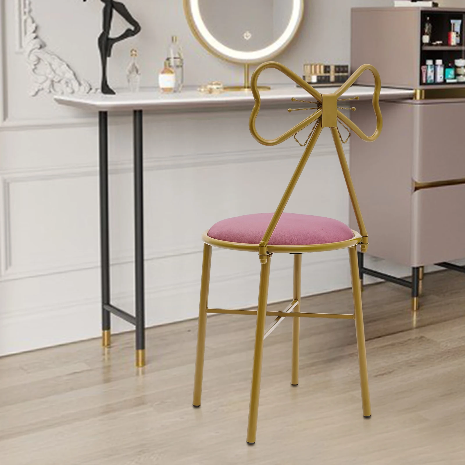 Modern Makeup and Dressing Chairs, Deep Pink Bow Shaped Dressing Chairs, Bedroom Princess Chairs with Bow Shaped Backrests 5