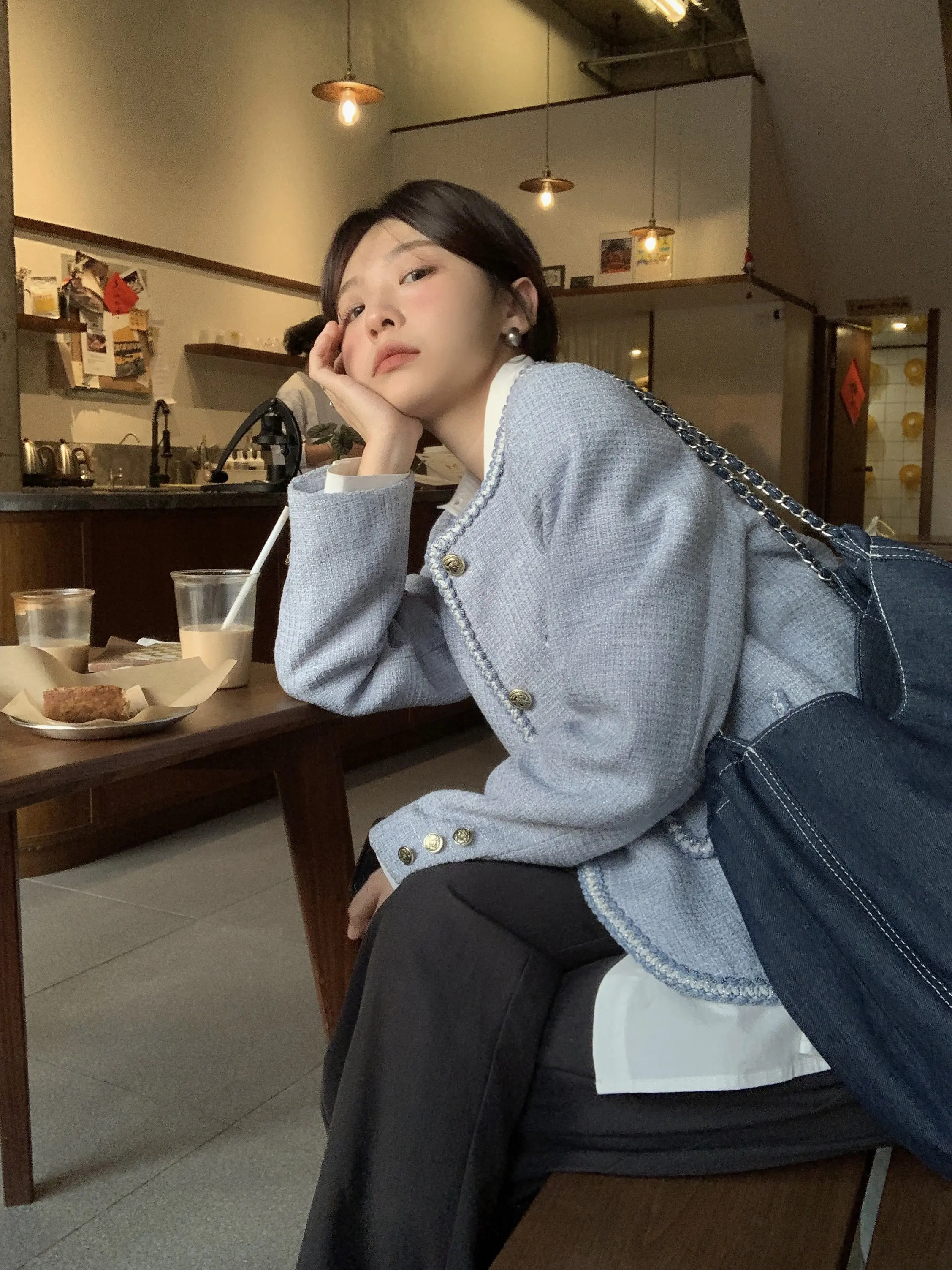 둥근 목 우아한 긴 소매 최고 여성 봄 느슨한 높은 감각 유휴 스타일 사교계 착용 짧은 겉옷