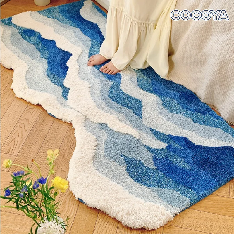 

3D Blue Sea Wave Flocked Carpet Fluffy Soft Tufted Bedroom Bedside Area Rugs Decor Non-Slip Absorbent Entrance Door Floor Mat