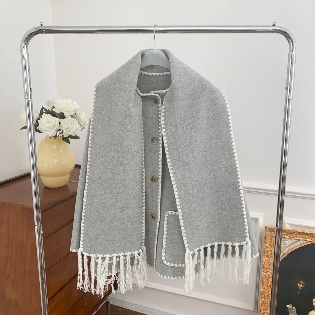 S42a7235e3110406eaf09fd62a724b23bv Women Fringe Scarf Collar Coat Double-sided Woollen Single Breasted Autumn Winter, Loose Embroidery Trim Female Casual Jacket Mallzona