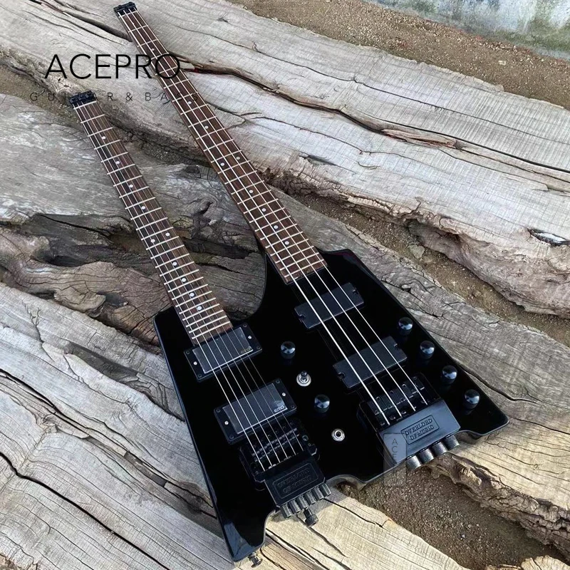 

Double Neck Headless Electric Guitar, Tremolo Bridge 6 string Guitarra + 4 string Bass Combo, Black Hardware