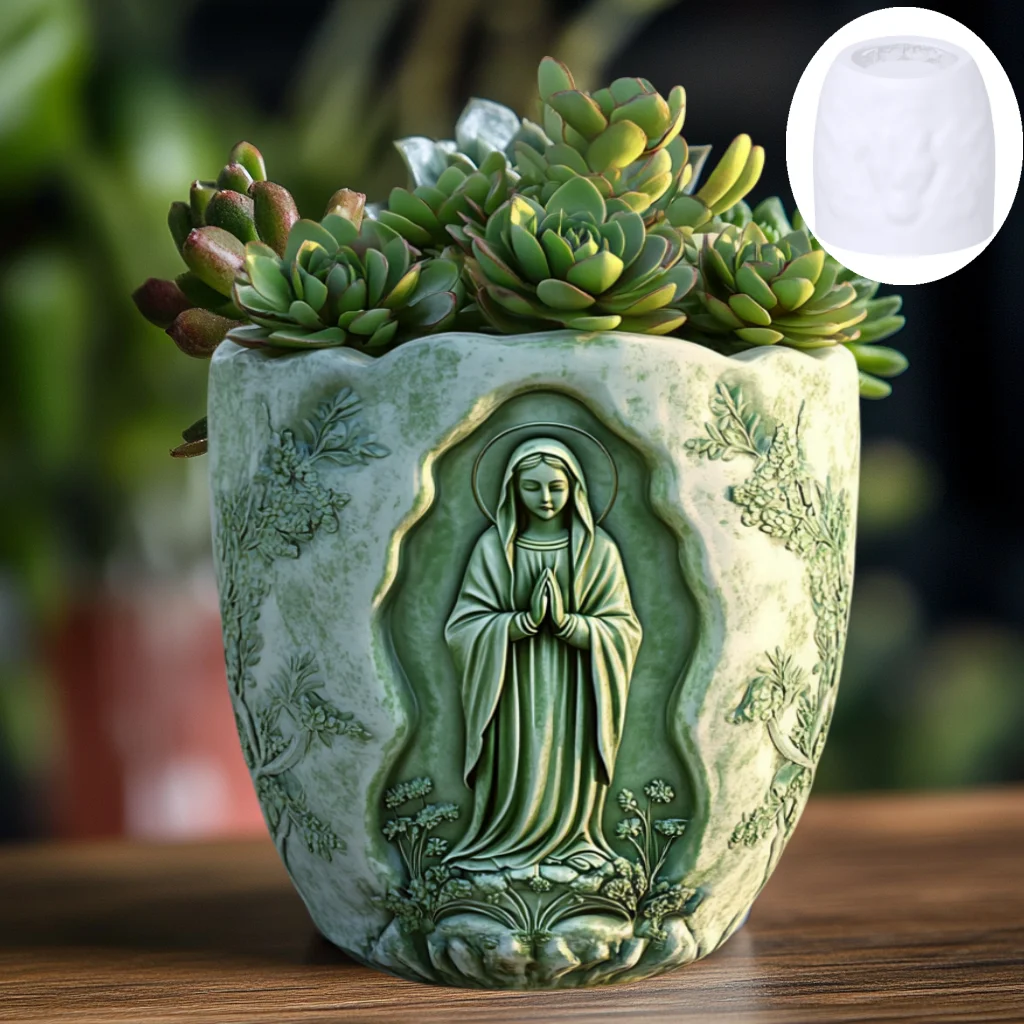 Prayer Virgin Mary Relief Succulent Plant Flower Pot Resin Silicone Mold Goddess Relief Concrete Mould Storage Box Gypsum Molds silicone mold