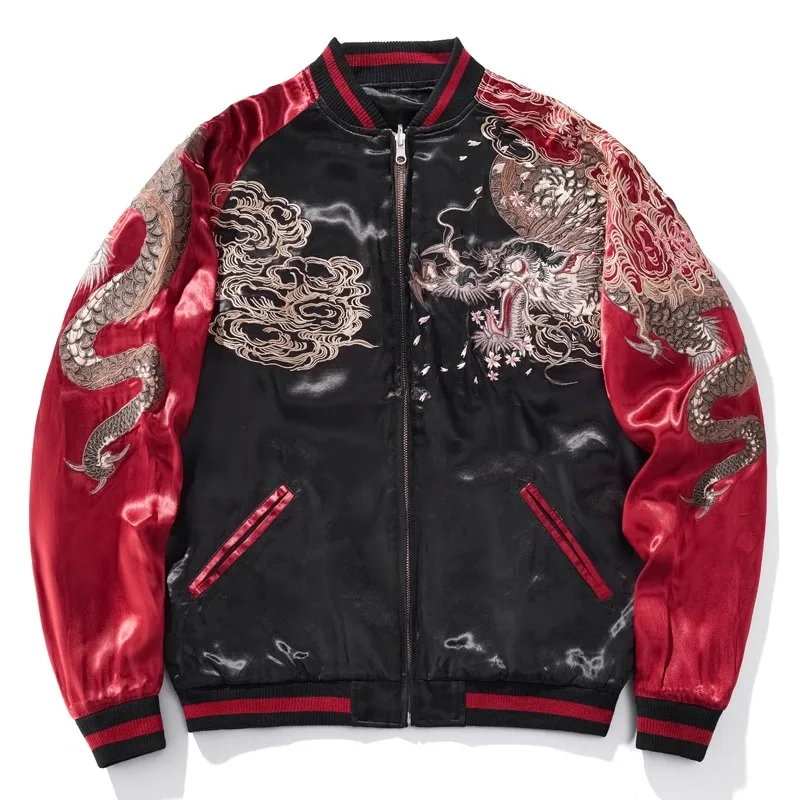 2024 Spring Autumn Machine Embroidery Dragon Jacket Men's Coat Red Double-Sided Baseball Uniform Fashion Brand Couple New Coat