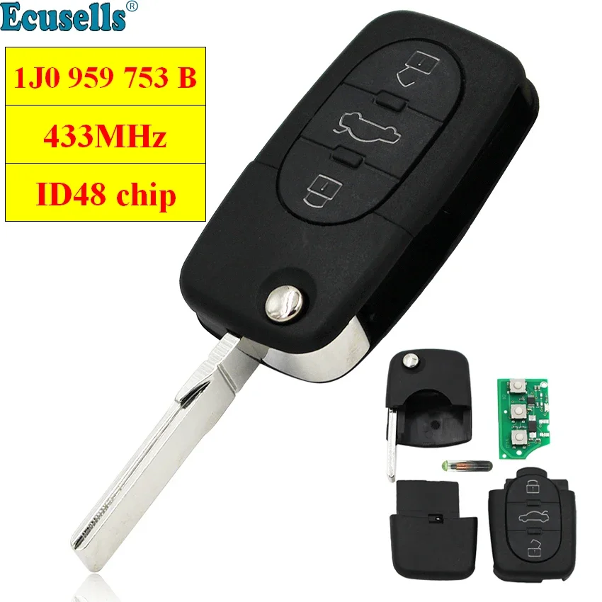 

Keyless Entry Fob Flip Remote Key Fob 433mhz ID48 Chip FOR VOLKSWAGEN VW PASSAT GOLF BEETLE BORA POLO 1J0 959 753 B 1JO959753B