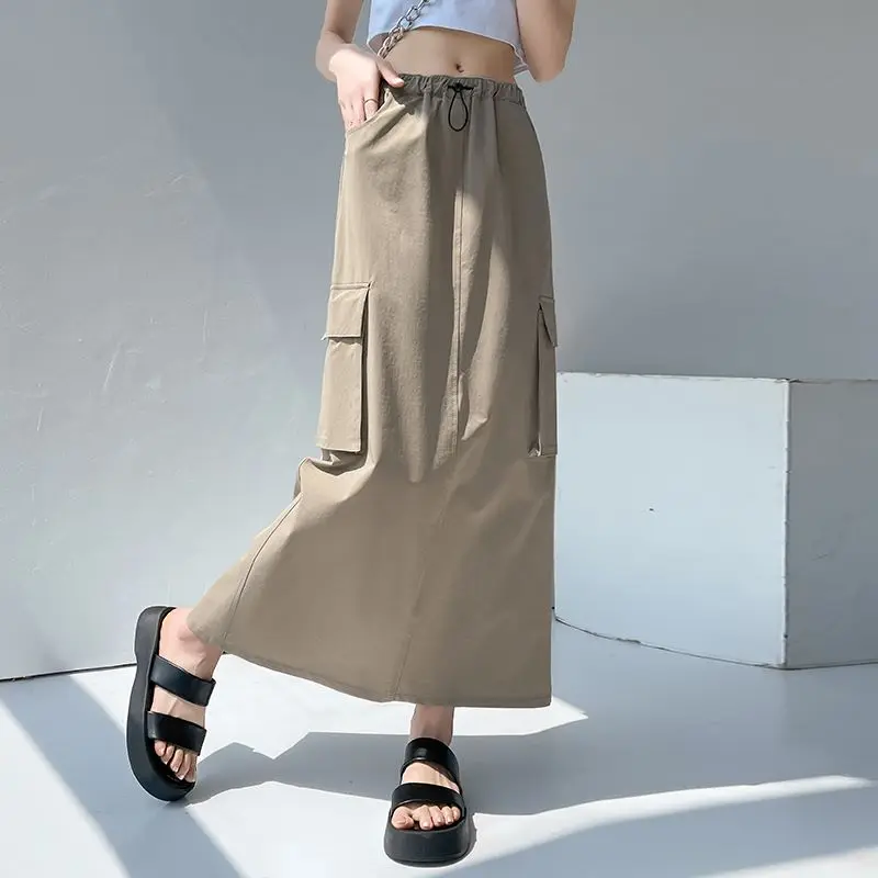 

2023 Summer Cargo Straight Skirt Drawstring Waist Split Skirts For Women Pockets A-line Mid-long Skirt Female Jupe 887