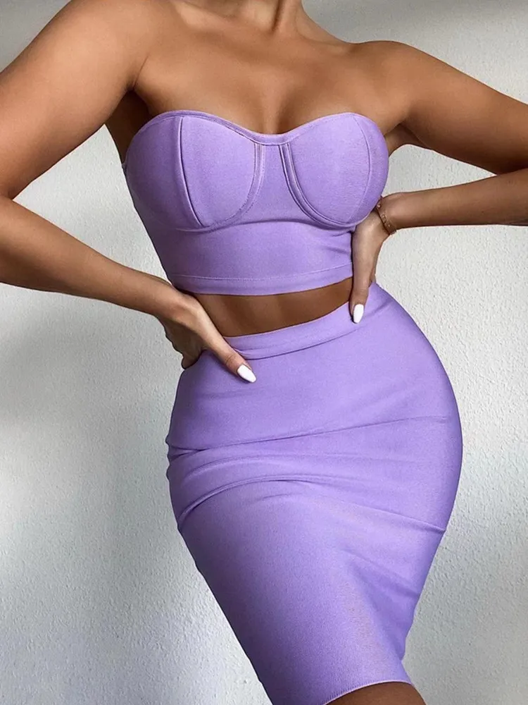 New Summer 5 Colors Hot Sweet Women's Set Sexy  CoTank Top Bodycon Skirts Bandage 2 Pieces Evening Party Outfit High Street Wear women 3 pice outfit fall winter solid colors jacket