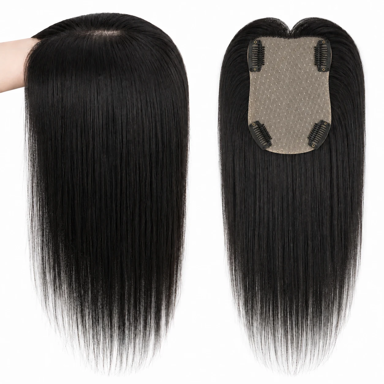 Topper per capelli umani lisci 9x13CM con base in seta per donna, effetto cuoio capelluto naturale, capelli europei, parte libera, con 4 clip - immagine 2