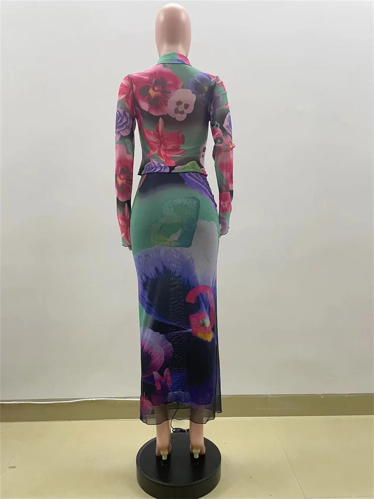 Wmstar Skirts Sets Summer Holiday Sexy Two Piece Set Women Print Lace Button Crop Top and Maxi Skirt Wholesale Dropshipping 2024