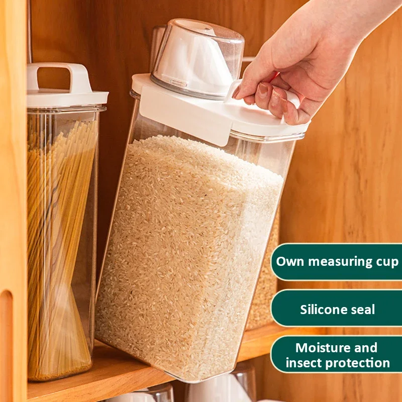 Airtight Food Storage Container Cereal Dispenser Transparent Kitchen Cereal Jar With Measuring Cup Household Organizer Box Set