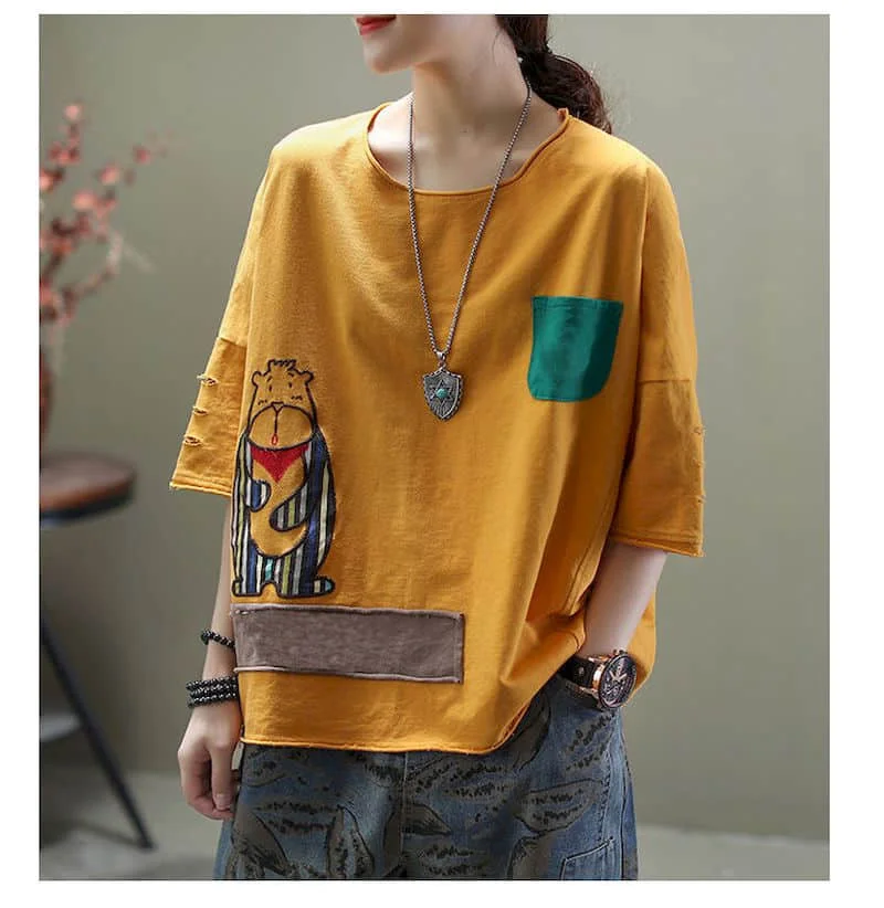 98% Cotton T Shirts Women Temperament Fashion Patchwork T