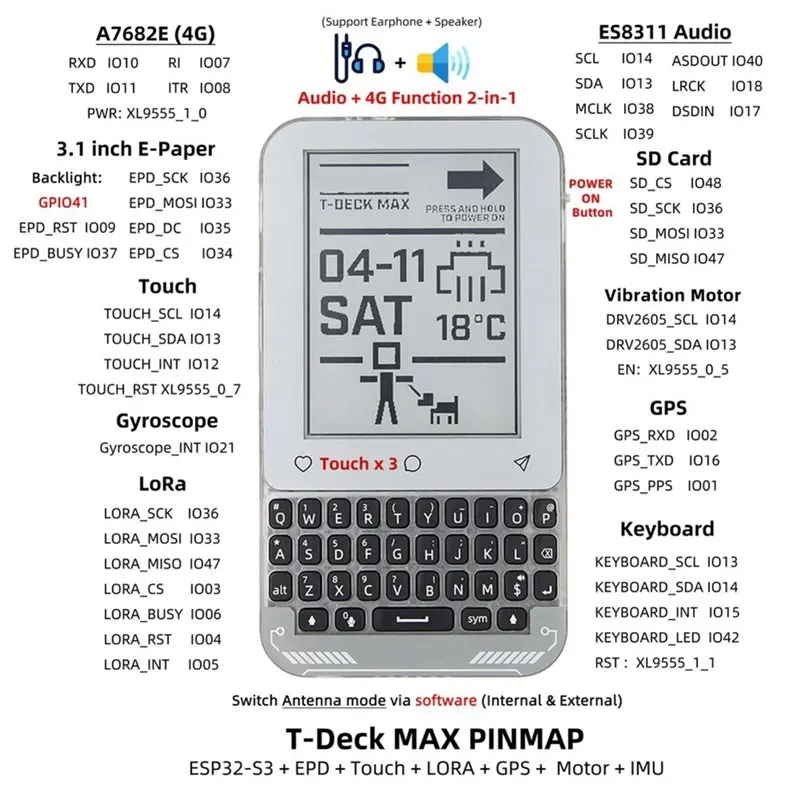 【사이버 먼데이】SX1262 로라 트랜시버 2.4Ghz Wifi& 블루투스 5(LE) AI 러닝 915Mhz T-Deck Max 3.1인치 터치 E-Paper(앤트 기능 포함)