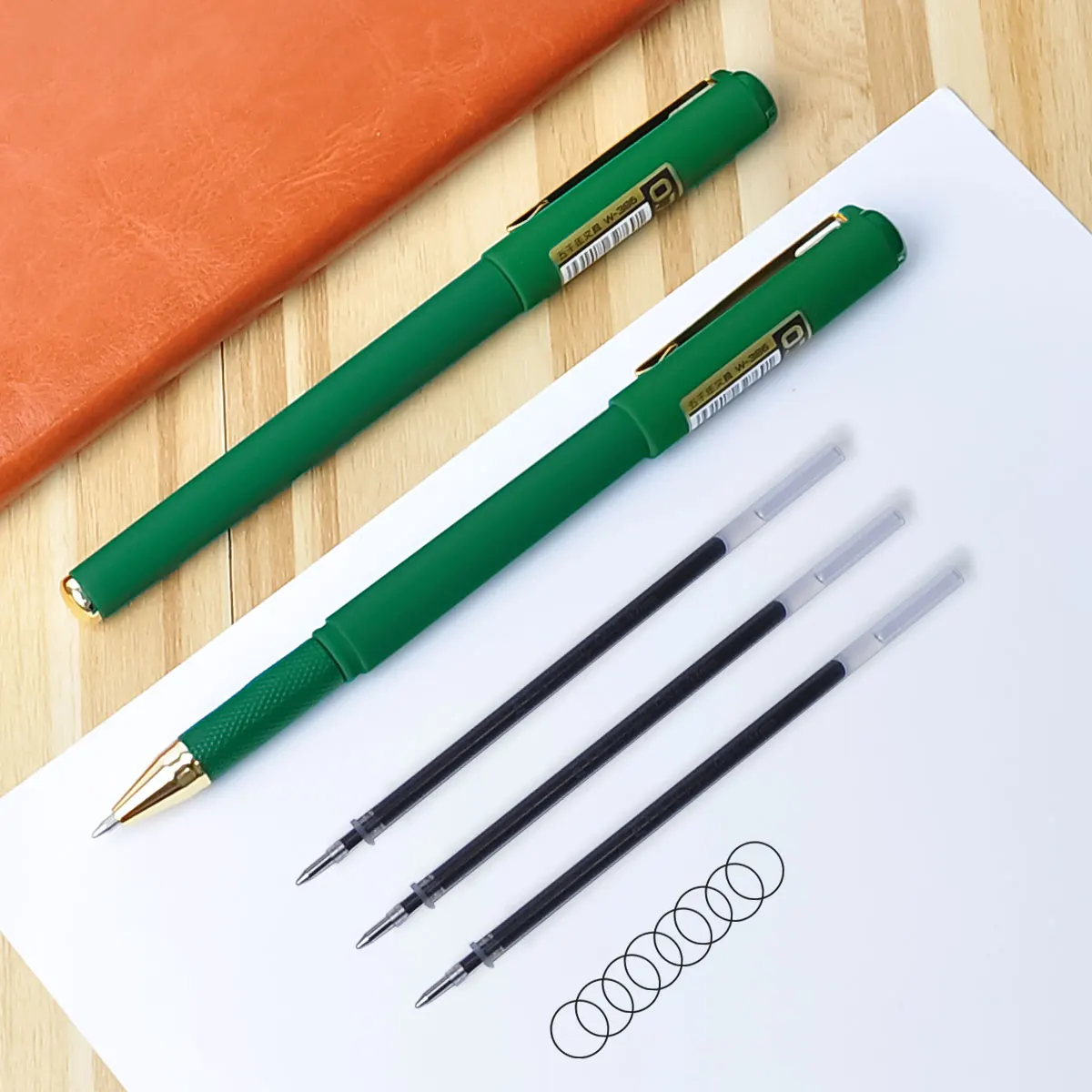12pcs/set2pcs green gel pen + 10pcs green refill Quick drying 0.7mm nib Non-erasable Large capacity refillable metal pen clip 3