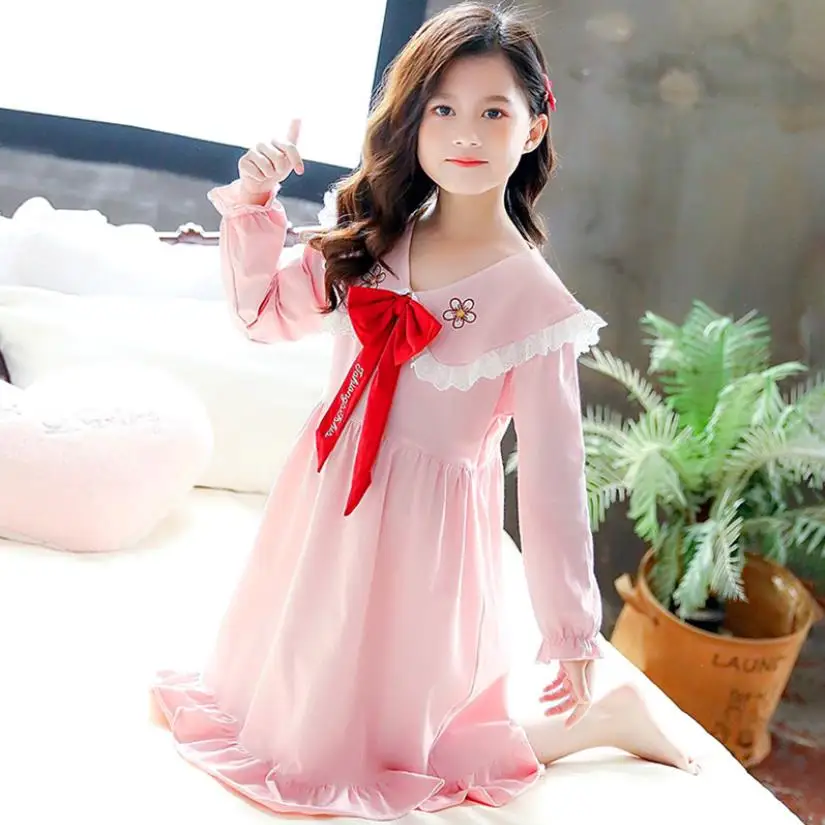 

Girl Bow Cotton Nightgown Kids Long Sleeve Ruffles Princess Homeclothes Good Quality Print Nightdress Children Pajamas Wz753