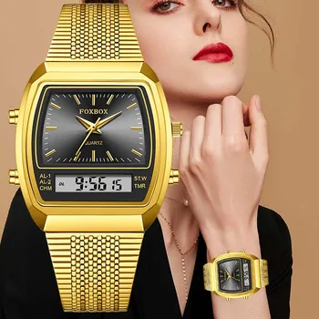 FOXBOX Women's Watch Gold Stainless Steel Quartz Digital Watch Waterproof Fashion Clock Watch for Women vintage reloj de mujer