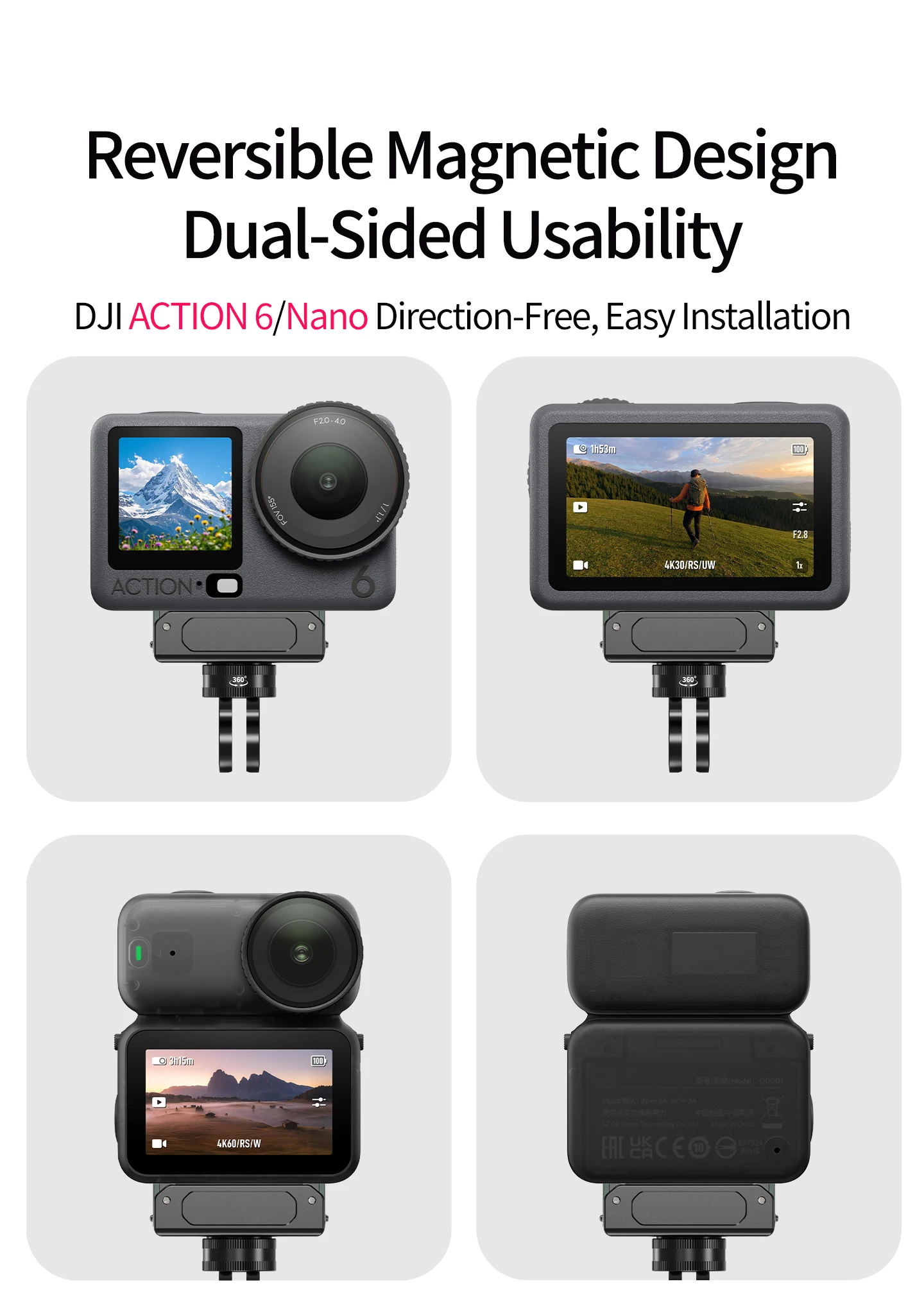 Aluminium Magnetische Schnellverschluss-Halterung Magnetische Schnellinstallationsbasis für DJI Action 6 Osmo Nano Rutschfeste Stoßfeste Stativhalterung – Detail 5