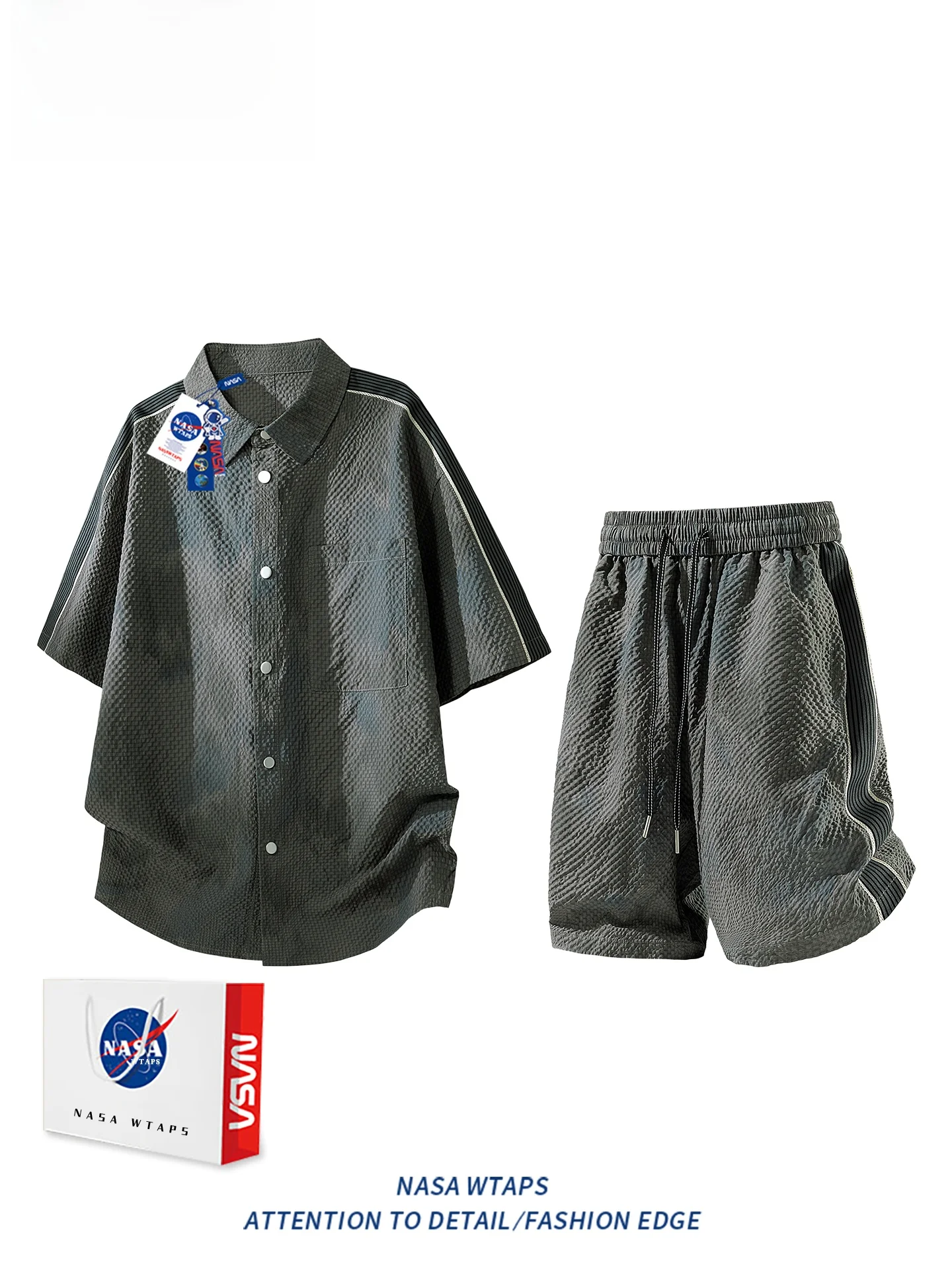 WTAPS 남성용 여름 아이스 실크 캐주얼 스포츠웨어 반팔 세트 반팔 폴리에스터 섬유 셔츠 반바지 청소년용