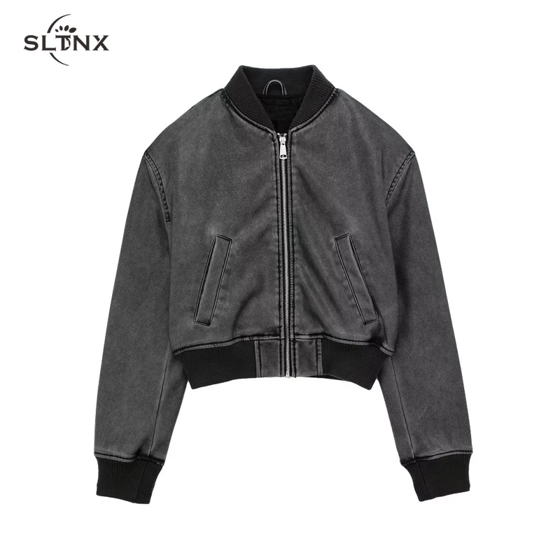 

SLTNX PU Leather Bomber Jackets for Women 2023 Winter Chic Short Coats Female Stand Collar Front Zippers New Outerwear