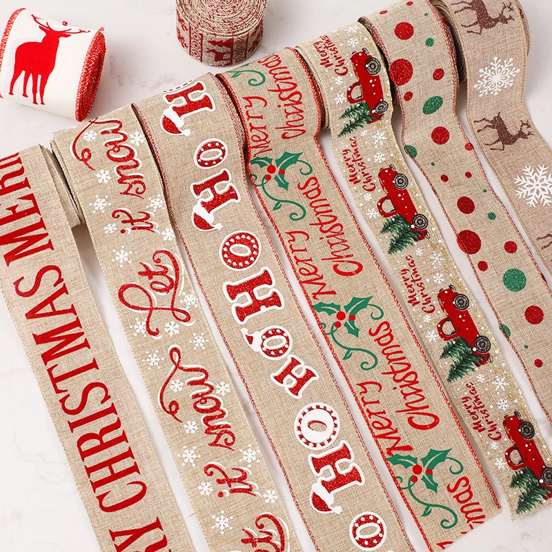

Christmas Linen Ribbons Merry Christmas Snowflake Deer Printed Ribbon DIY Christmas Ornaments Gift Package Wrapping Decoration