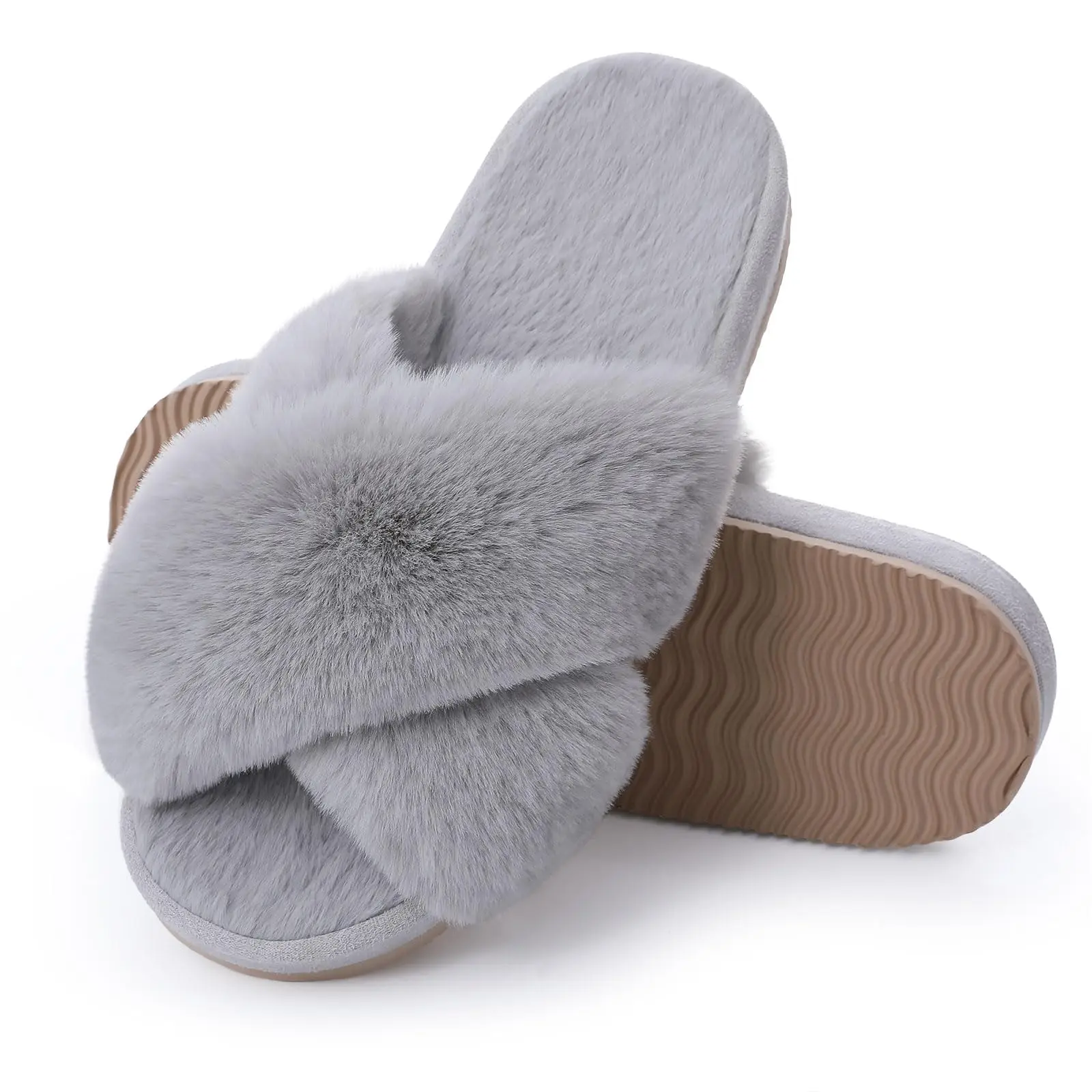 Comwarm Women's Cross Band Fuzzy Slippers Fluffy Open Toe House