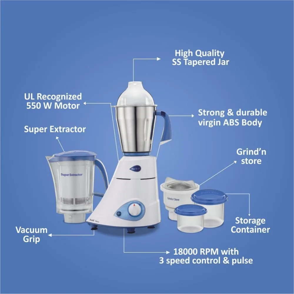 Blue Leaf Platinum 550 Watts 3 Jar Indian Mixer Grinder 110 Volts 5